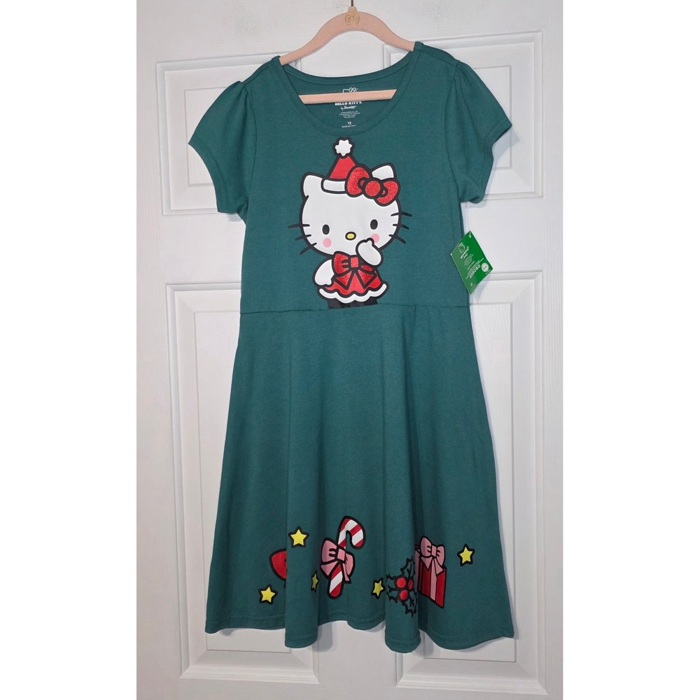 Hello Kitty Sanrio Girls Christmas Holiday Dress Teal Green Glitter Size 12 NEW